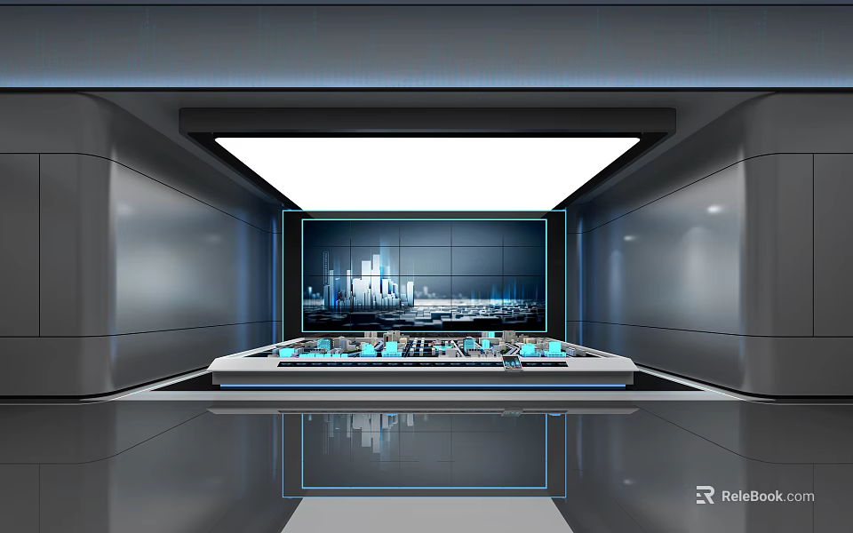 Modern High Tech Control Room With Large Display Screen And Control Panel On Reflective Floor 3d model 