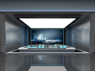 Modern High Tech Control Room With Large Display Screen And Control Panel On Reflective Floor 3d model