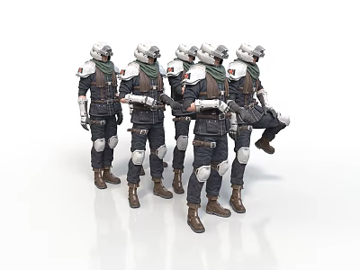 Armed Soldiers In Uniforms With Helmets Knee Pads And Weapons Standing 3d model