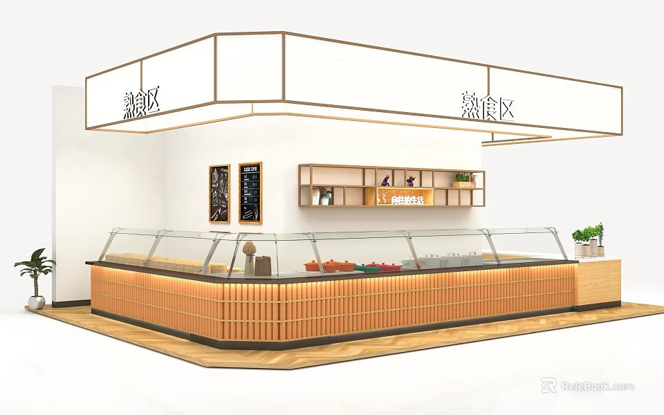 Modern Wooden Display Shelves With Glass Showcase In Deli Cold Dish Area 3d model 