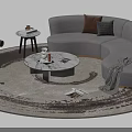Light Gray Curved Sofa and Coffee Table Set with Marble Top on Round Textured Rug 3d model