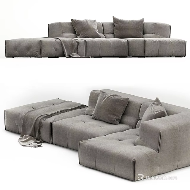 Gray Modular Sectional Sofa With Plush Cushions Throw Blanket Modern Design 3d model
