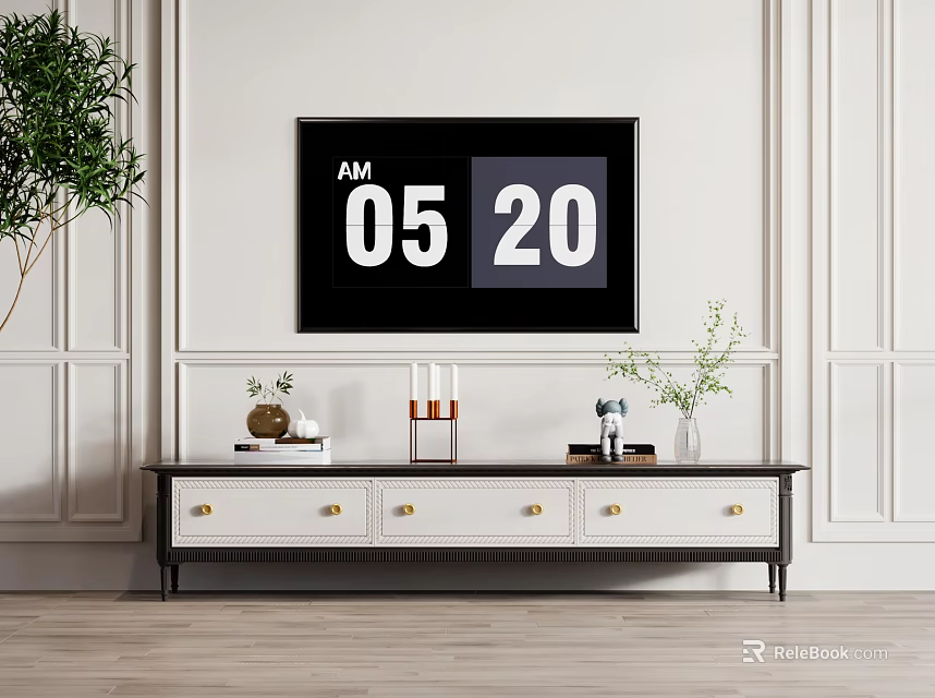 Modern TV Stand With Storage Drawers And Decorative Items In Living Room With Green Plants 3d model 