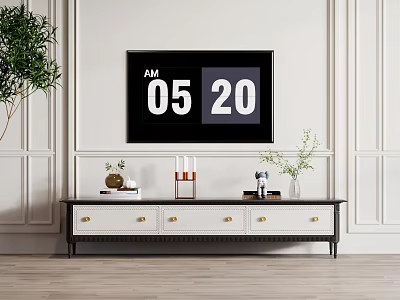 Modern TV Stand With Storage Drawers And Decorative Items In Living Room With Green Plants 3d model