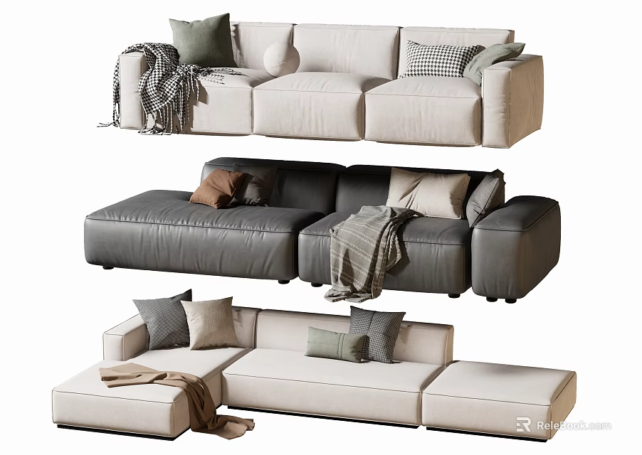 Modern Double Sofa Design With Beige Gray Colors Decorative Pillows And Throw Blankets 3d model 