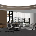 Modern Office Interior With Wooden Bookshelf Leather Sofa And Large Windows