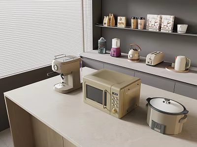 Modern Kitchen Countertop With Coffee Maker Microwave Rice Cooker And Shelf Cups Jars 3d model