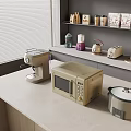 Modern Kitchen Countertop With Coffee Maker Microwave Rice Cooker And Shelf Cups Jars