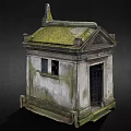 Ancient Mausoleum Structure With Moss Covered Roof Weathered Walls Cross At Entrance And Fallen Leaves