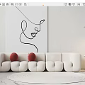 Modern White Multi Person Sofa With Red Cushions And Line Art Painting
