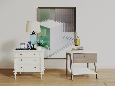 White Drawer And Light Wood Nightstands With Table Lamp Photos Plant Books And Wall Art 3d model