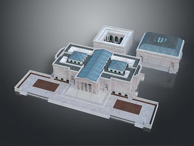 Cartoon Scenery 3D Classical Building Model With Blue Roof White Walls And Courtyard 3d model
