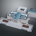 Cartoon Scenery 3D Classical Building Model With Blue Roof White Walls And Courtyard