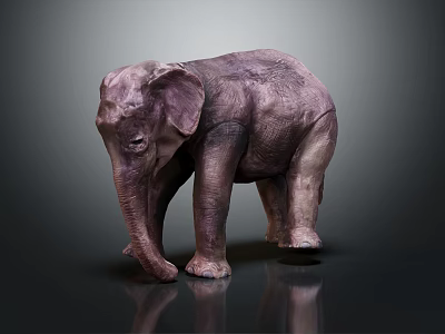 Textured Purple Elephant Sculpture Standing On Dark Background With Reflection 3d model