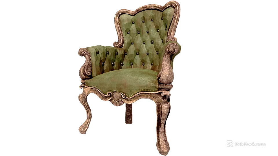 Elegant Vintage Armchair With Green Tufted Upholstery And Gold Carved Legs 3d model 