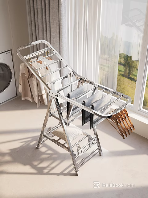 Silver Foldable Metal Clothes Drying Rack With Hanging Clothes Near Window In Laundry Room 3d model 