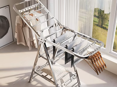 Silver Foldable Metal Clothes Drying Rack With Hanging Clothes Near Window In Laundry Room 3d model