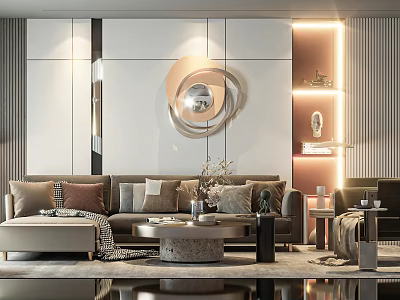 Modern Living Room Sofa And Coffee Table Set With Round Stone Top And Decorative Pillows 3d model