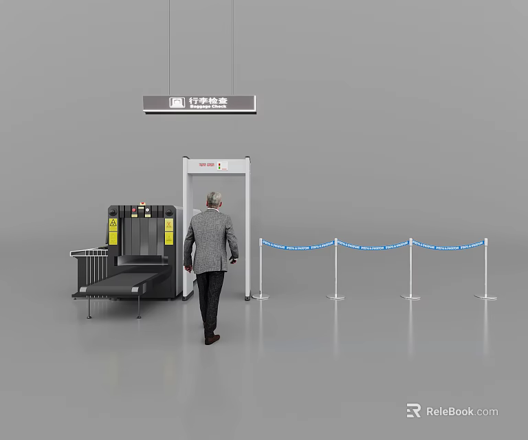 Public Facility Entrance Security Check Gate With Person Passing Through And Queue Barriers 3d model 
