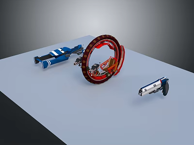 Blue Motorcycle On Grey Platform With Red Circular Structure And Silver Components 3d model