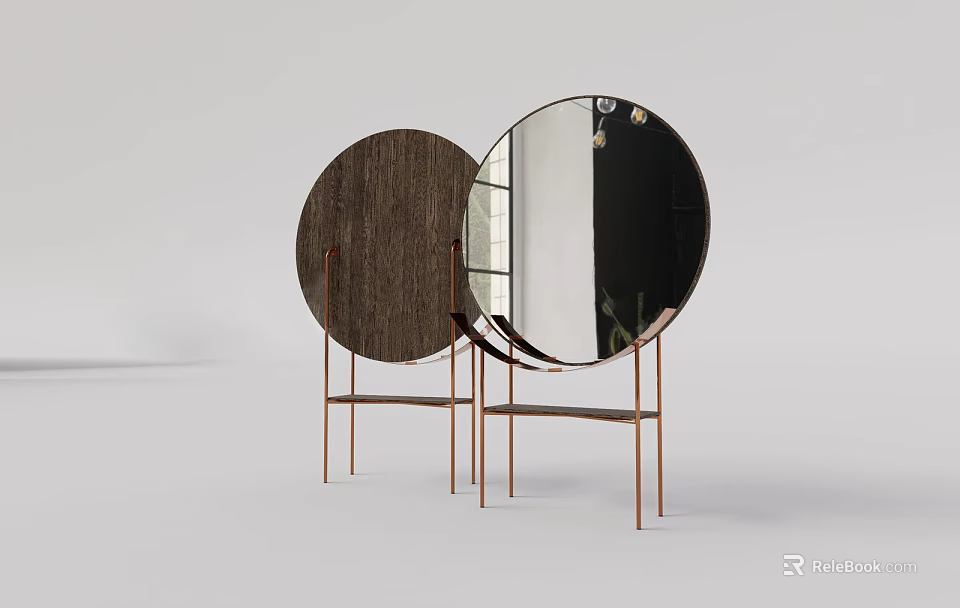 Two Round Mirrors With Metal Stands And Wooden Back In Minimalist Interior 3d model 