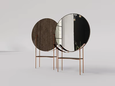 Two Round Mirrors With Metal Stands And Wooden Back In Minimalist Interior 3d model