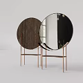 Two Round Mirrors With Metal Stands And Wooden Back In Minimalist Interior