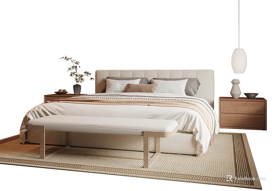 Modern Double Bed Interior With Soft Bedding Nightstand Bench Rug And Pendant Light 3d model 