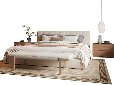 Modern Double Bed Interior With Soft Bedding Nightstand Bench Rug And Pendant Light 3d model