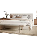 Modern Double Bed Interior With Soft Bedding Nightstand Bench Rug And Pendant Light