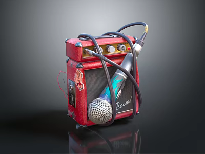 Red Compact Electronic Audio Amplifier With Boom Microphone And Connected Cables 3d model