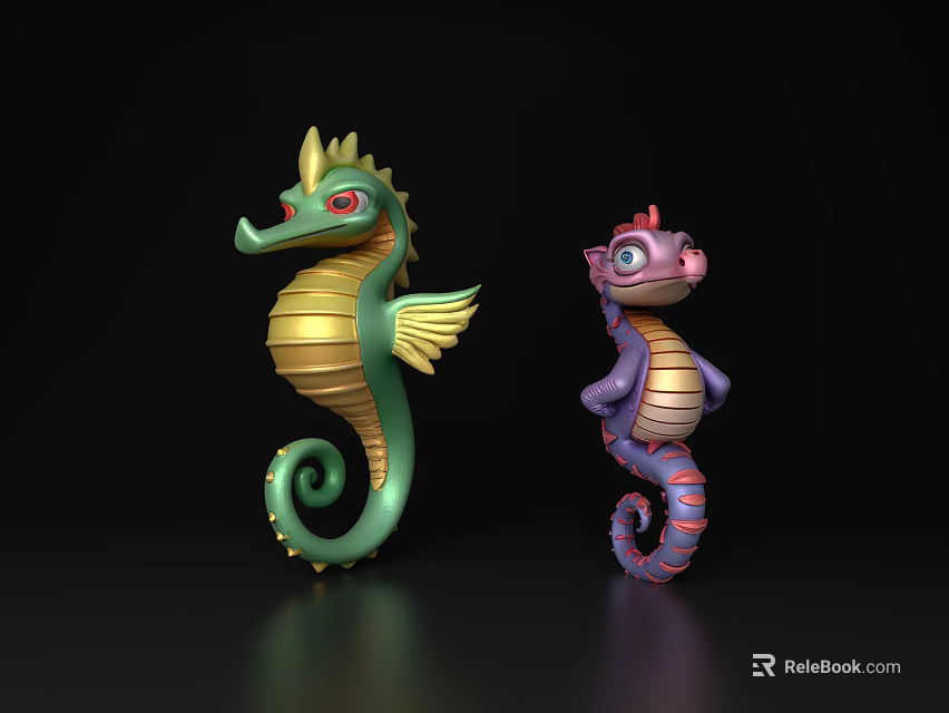 Two Vibrant Green And Purple Seahorses As Aquatic Animal Decorative Figures 3d model 