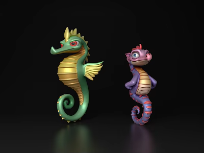 Two Vibrant Green And Purple Seahorses As Aquatic Animal Decorative Figures 3d model