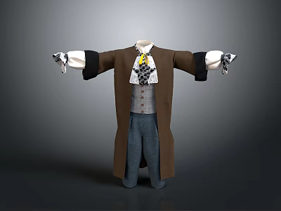Vintage Historical Costume With Brown Coat Gray Vest White Shirt Yellow Bow Tie Blue Trousers 3d model
