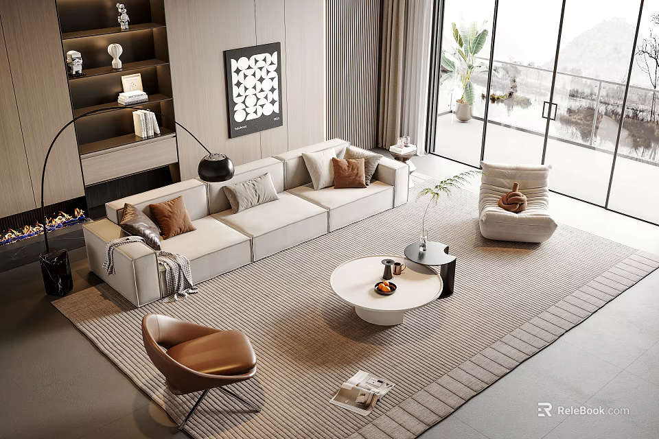 Modern Sofa and Round Coffee Table Set with Accent Chairs Area Rug in Living Room 3d model 