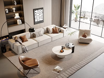 Modern Sofa and Round Coffee Table Set with Accent Chairs Area Rug in Living Room 3d model