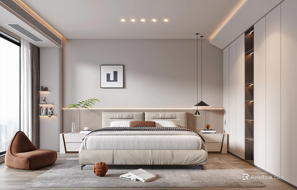 Modern Bedroom Interior Design With Upholstered Bed Framed Artwork Recessed Lighting And Area Rug 3d model 