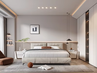 Modern Bedroom Interior Design With Upholstered Bed Framed Artwork Recessed Lighting And Area Rug 3d model