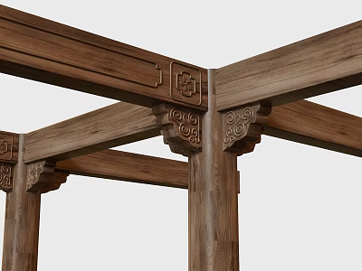 Traditional Wooden Architectural Components With Intricate Carved Patterns On Beams And Columns 3d model