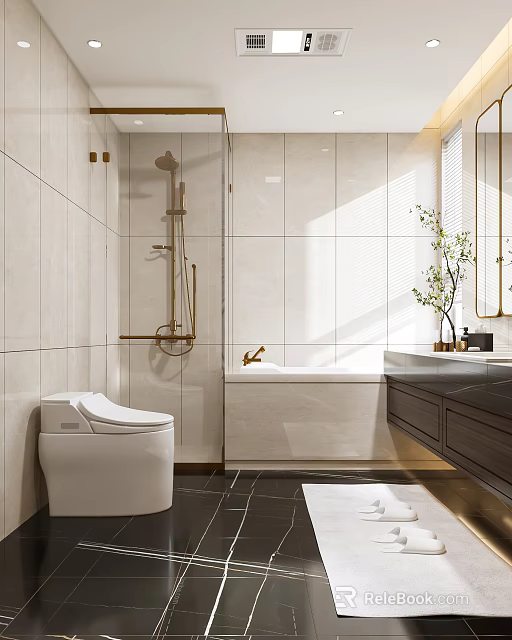 Modern Bathroom Interior Design With White Toilet Bathtub Dark Countertop Vanity And Gold Shower Fixture 3d model 