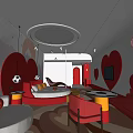 Modern Hotel Room With Red Heart Shaped Sofa Round Bed And Pink Lighting