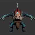 Fierce Game Movie Character With Blue Body Red Head Fins Glowing Eye Sharp Teeth And Claws