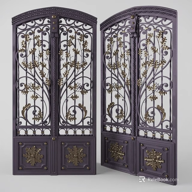 Elegant Decorative Iron Gate With Intricate Floral Patterns And Gold Accents 3d model 