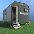 Green Mobile Camping Trailer With SUV Table Red Chairs On Grassland