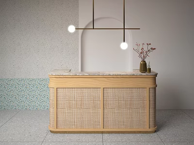 Wooden Reception Desk With Woven Panels Marble Countertop And Pendant Lights 3d model