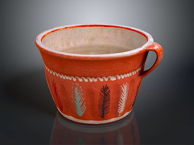 Decorative Ornament Set Red Ceramic Bowl With Handle Colorful Feather Patterns And White Decorative Lines 3d model