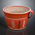Decorative Ornament Set Red Ceramic Bowl With Handle Colorful Feather Patterns And White Decorative Lines