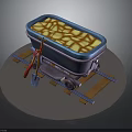 Mining Train Cart Loaded With Ore On Wooden Rail Tracks And Tools