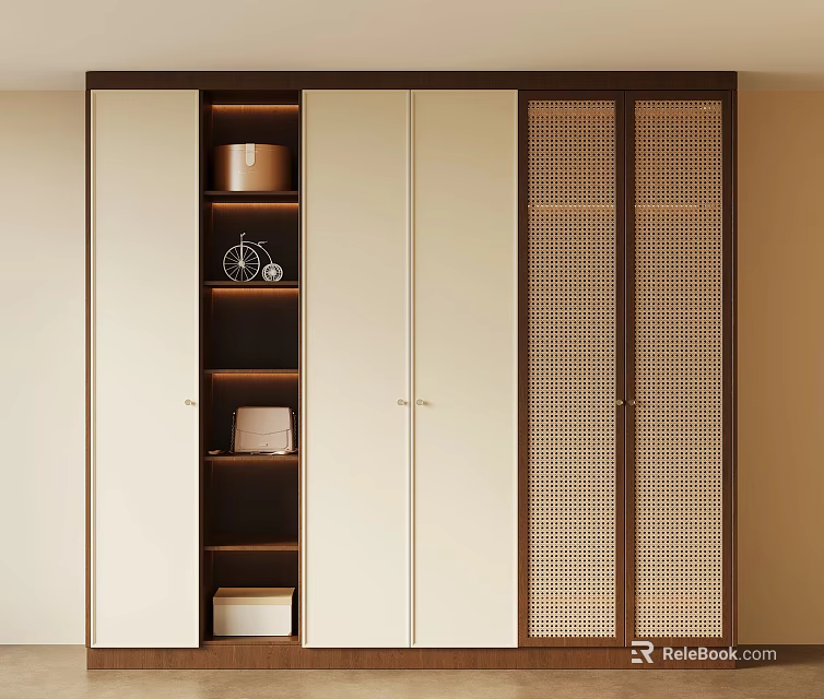 Modern Wardrobe With White Panel Doors Rattan Lattice Design And Storage Shelves 3d model 
