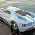 Blue Sports Car With White Racing Stripes Modern Aerodynamic Design On Shiny Reflective Surface
